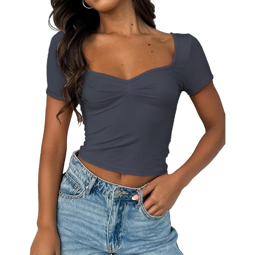 Women's Cropped Tops Dark Gray Short Sleeve Pleated Ruched Y2K Sweetheart Neck